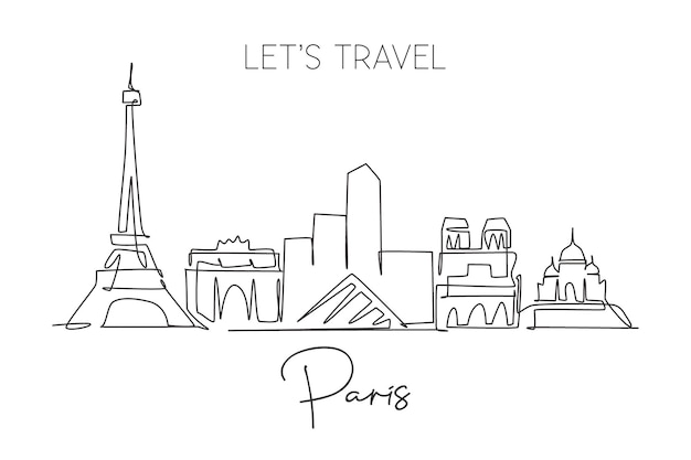 Vector one single line drawing of paris city skyline france historical skyscraper landscape in the world