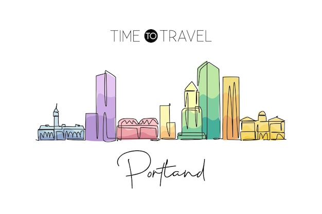 One single line drawing of Portland skyline United States Historical town landscape design vector