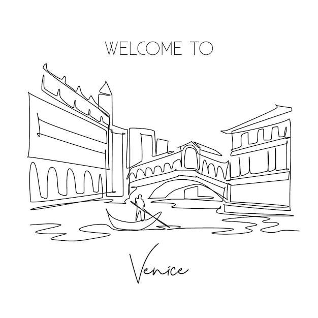 Одна линия рисунка моста Риальто достопримечательность знаменитый знаковый канал в Венеции Италия дизайнерский вектор