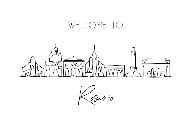 Vector one single line drawing rosario city skyline argentina world historical town landscape poster art