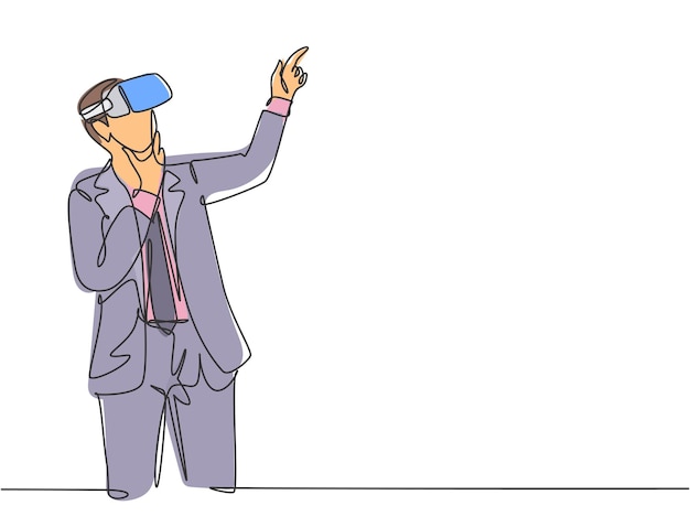 One single line drawing serious businessman thinking watching visual simulation in virtual reality