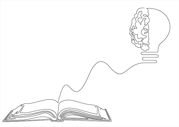 One single line drawing of shining light bulb above open text book