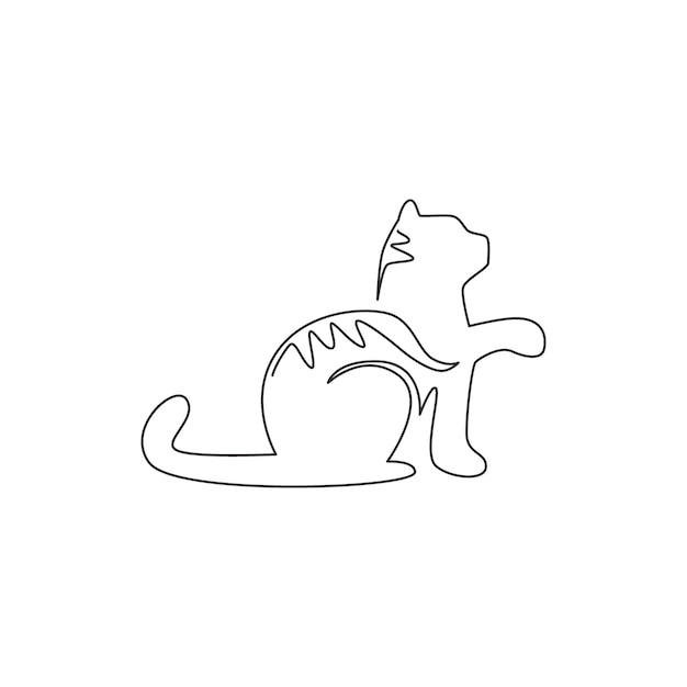 シンプルなかわいい猫子猫アイコンの 1 つの線画動的ペット ショップ ロゴ エンブレム ベクトル概念