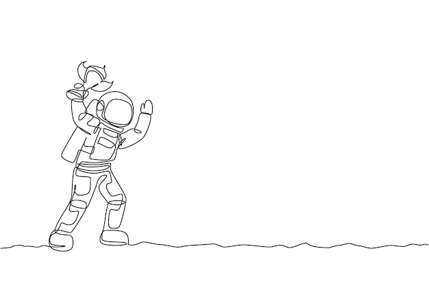 One single line drawing of spaceman astronaut holding trophy on moon surface cosmic galaxy vector