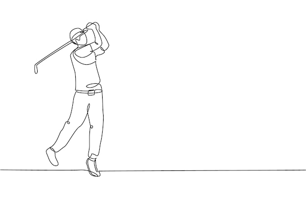 Один линейный рисунок спортивный игрок в гольф ударил мяч, используя векторную иллюстрацию плаката гольф-клуба