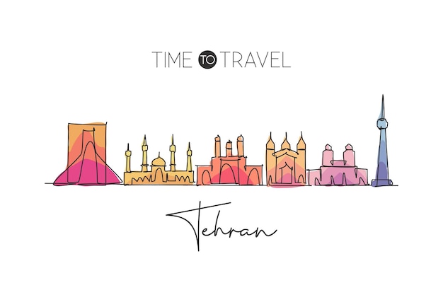 Один линейный рисунок Тегерана или горизонта Тегерана Иран Пейзаж в мире вектор дизайна
