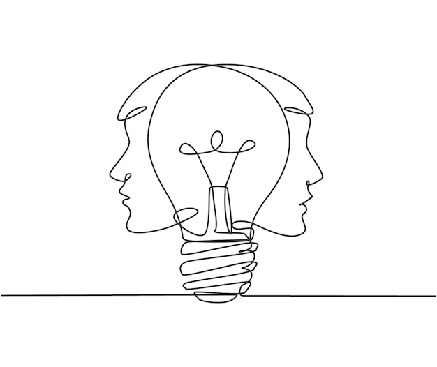 Vector one single line drawing of two men face with light bulb at the center logo human creativity vector