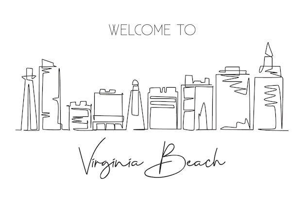 One single line drawing Virginia Beach city skyline USA Town landscape for home wall decor poster