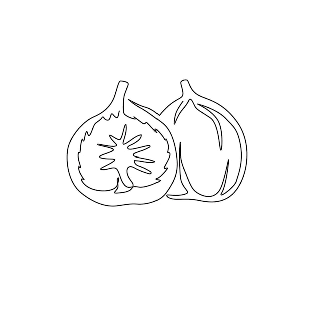 全体とスライスした健康的なイチジク果樹園のロゴの 1 つの線画新鮮なトロピカル フルーツのアイコン