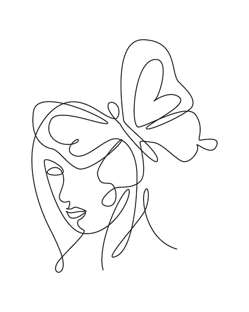 One single line drawing woman with butterfly art vector female abstract face botany portrait