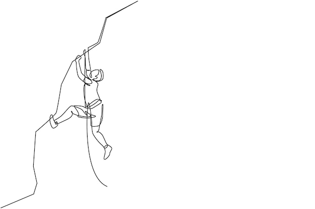 崖っちの山に登っている若い活動的な男性の単一の線画で安全ロープのベクトルを握っています