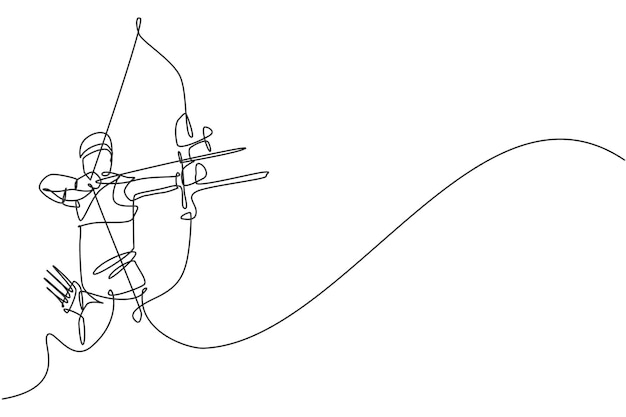 One single line drawing young archer man focus exercising archery to hit the target graphic vector