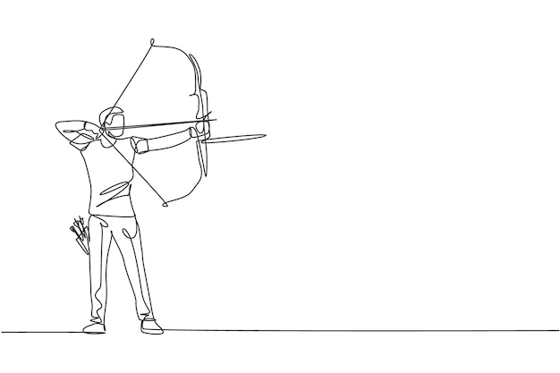 One single line drawing young archer man focus exercising archery to hit the target vector graphic