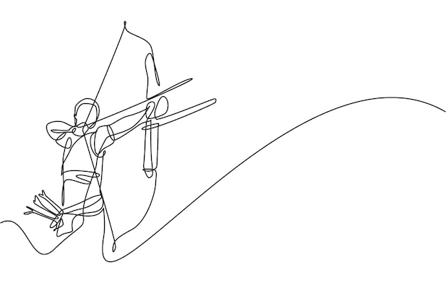 One single line drawing young archer man focus exercising archery to hit the target vector graphic