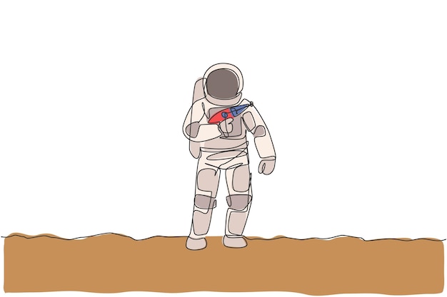 月のベクトルで戦争の準備をする宇宙レーザー銃を保持している若い宇宙飛行士の 1 本の線画
