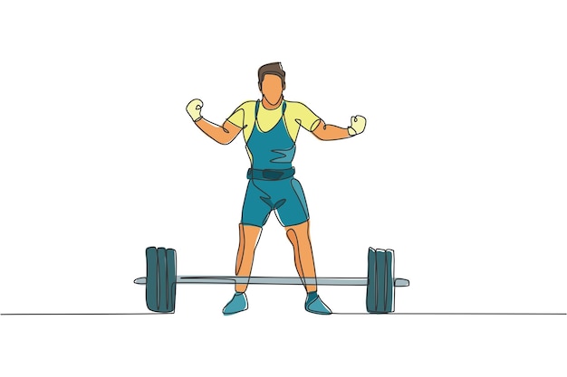 Vector one single line drawing of young athlete muscular man lifting barbells working out at a gym vector