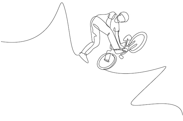 ストリートイラストで空を飛ぶ若いBMX自転車ライダーの1行の絵