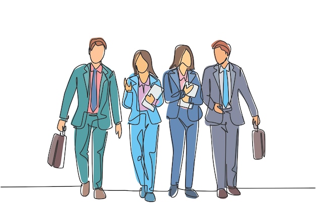 One single line drawing of young businessmen and businesswoman walking together on city road vector