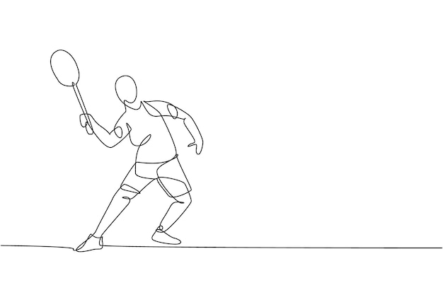 One single line drawing of a young energetic badminton player jumping and smash a shuttlecock vector