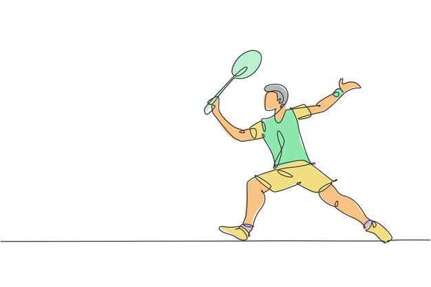 One single line drawing young energetic badminton player take a hit from opponent graphic vector