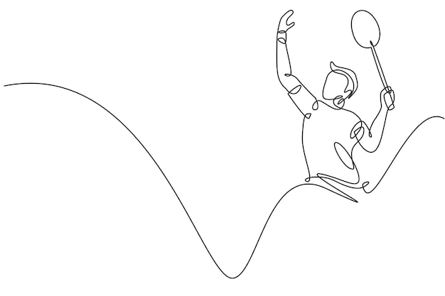 One single line drawing of a young energetic man badminton player hit smashing shuttlecock vector