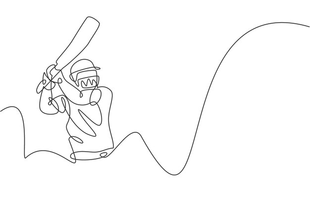 One single line drawing of young energetic man cricket player practice hit the ball precisely vector