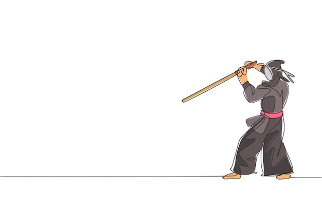 Одна линия рисует молодого энергичного человека, тренирующегося в защитном кендо с деревянным мечом в спортзале