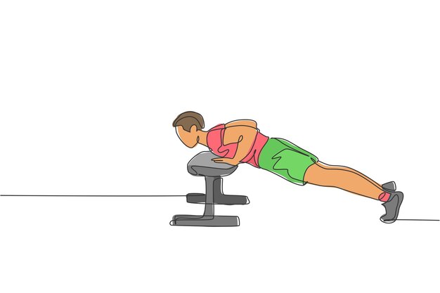 Vector one single line drawing young energetic man exercise push up with bench in gym vector illustration