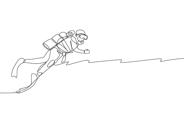 One single line drawing young energetic man do scuba diving to explore coral reef life world vector