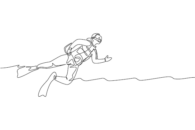 One single line drawing of young energetic man swimming on sea ocean to see fish coral reef and underwater life vector illustration Health lifestyle sport concept Modern continuous line draw design