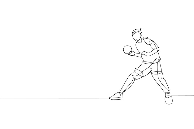 Одна линия рисует молодого энергичного человека, игрока в настольный теннис, серьезно тренирующегося векторной графики.