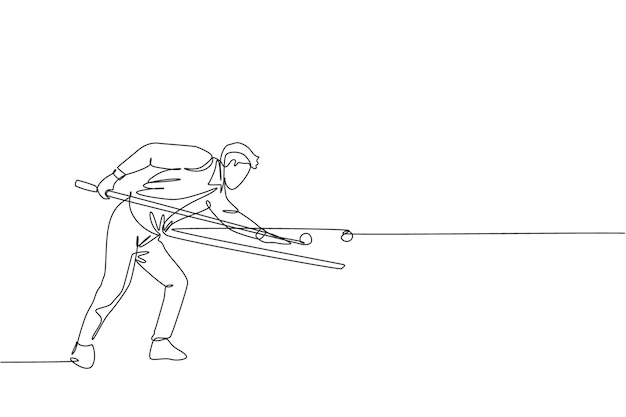 Vector one single line drawing of young handsome man playing pool billiards at billiard room vector design