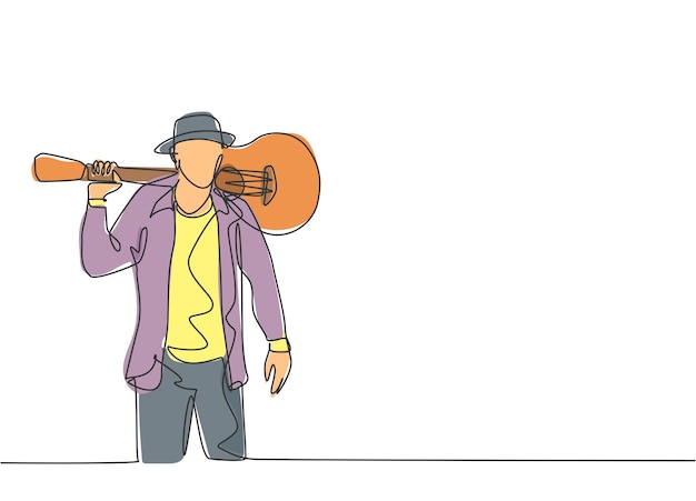 Одна линия рисунка молодого счастливого гитариста-мужчины, стоящего и кладущего гитару себе на плечо