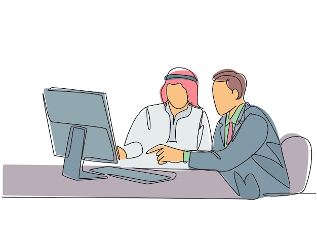 Vector one single line drawing of young happy muslim businessman discussing budget plan with colleague