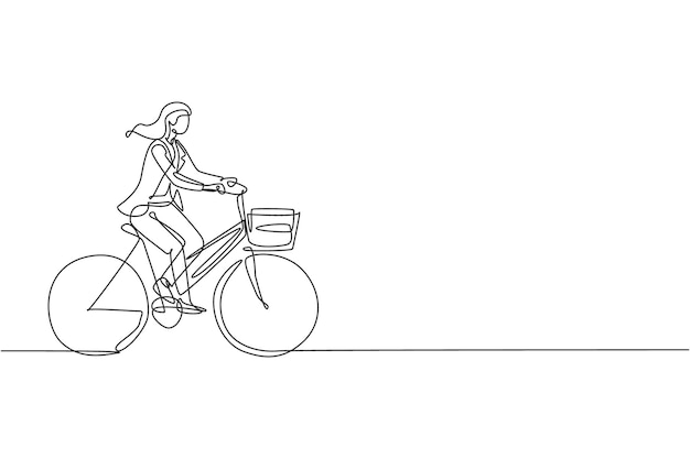 One single line drawing young happy startup employee woman ride bicycle to coworking graphic vector