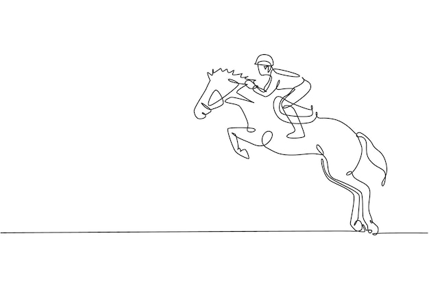 One single line drawing of young horse rider man performing a dressage jumping test vector graphic