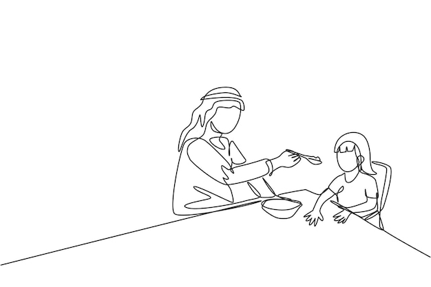 One single line drawing young Islamic dad feeding nutritious food to daughter at lunch time vector