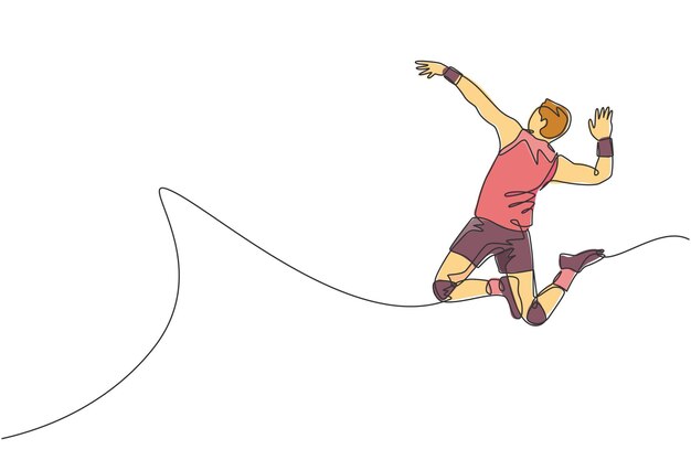 one single line drawing young male professional volleyball player jumping spike court vector 533993 5959