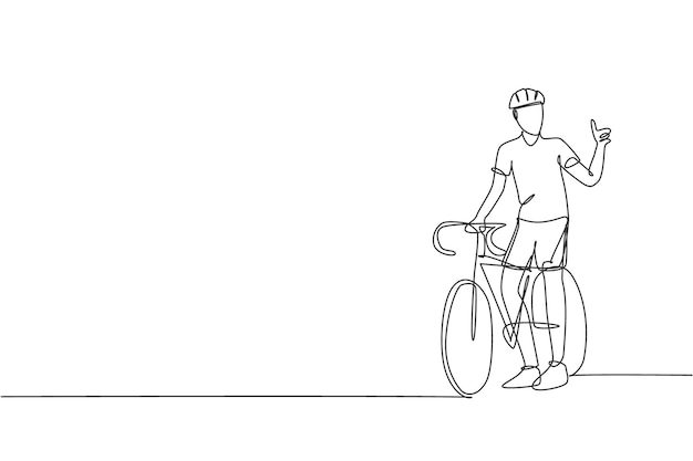 One single line drawing young man bicycle racer pointing his finger up number one winner vector