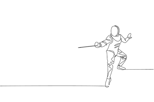 Одна линия рисует молодого спортсмена в костюме фехтовальщика, занимающегося векторной иллюстрацией