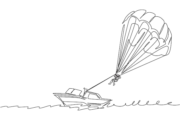 One single line drawing young man flying with parasailing parachute on the sky vector extreme sport