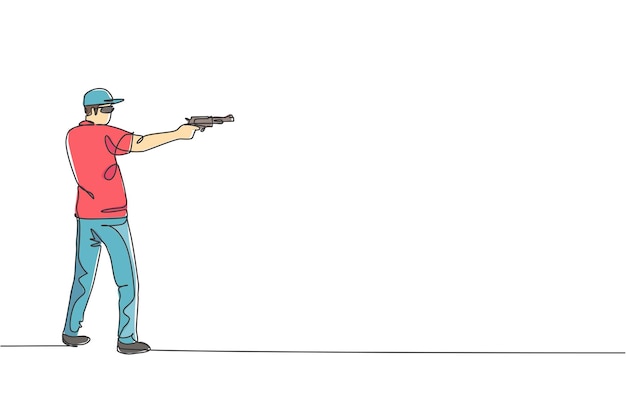 Vector one single line drawing of young man practicing to shot target in range clay pigeon shooting sport