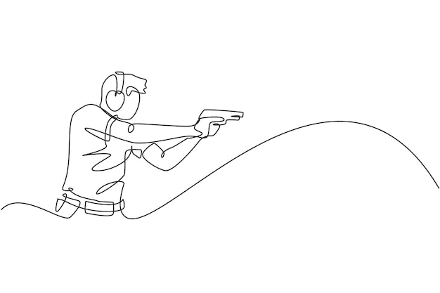 One single line drawing of young man practicing to shot target in range on shooting vector graphic