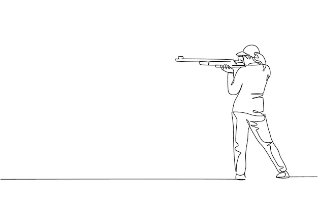 射撃ベクトルイラストで射撃の範囲で標的を撃つ練習をしている1つの単一の線画の若者