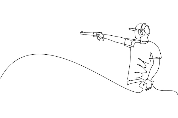 One single line drawing young man practicing to shot target in range on shooting vector illustration