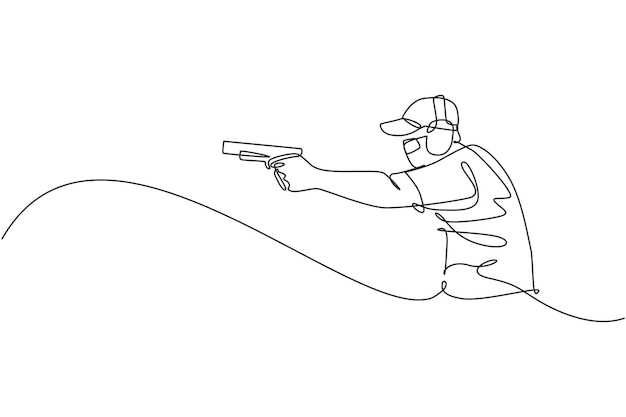 射撃ベクトルイラストで射撃の範囲で標的を撃つ練習をしている1つの単一の線画の若者
