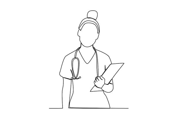 One single line drawing of young nurse writing medical repor nurse with sthetoscope on neck holding