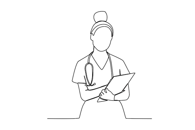 어린 간호사가 병원에서 클립보드에 의료 보고서를 작성하는 단일 라인 그림