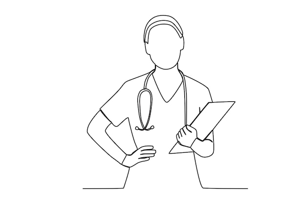 One single line drawing of young nurse writing medical report with right hand on waist and left hand