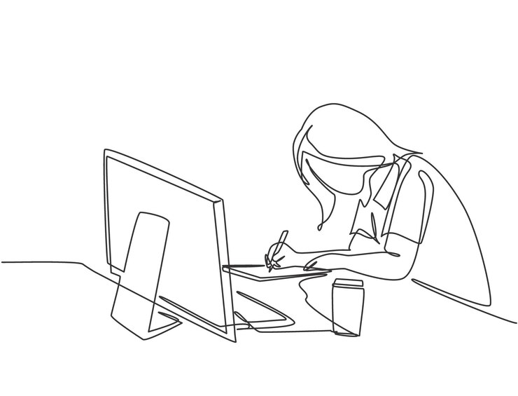 Vector one single line drawing of young pensive female employee works overtime design vector illustration
